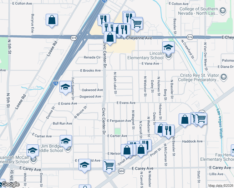 map of restaurants, bars, coffee shops, grocery stores, and more near 2100 Dogwood Avenue in North Las Vegas