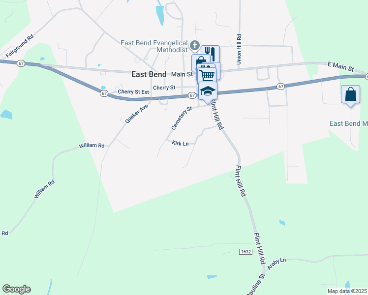 map of restaurants, bars, coffee shops, grocery stores, and more near 205 Kirk Lane in East Bend