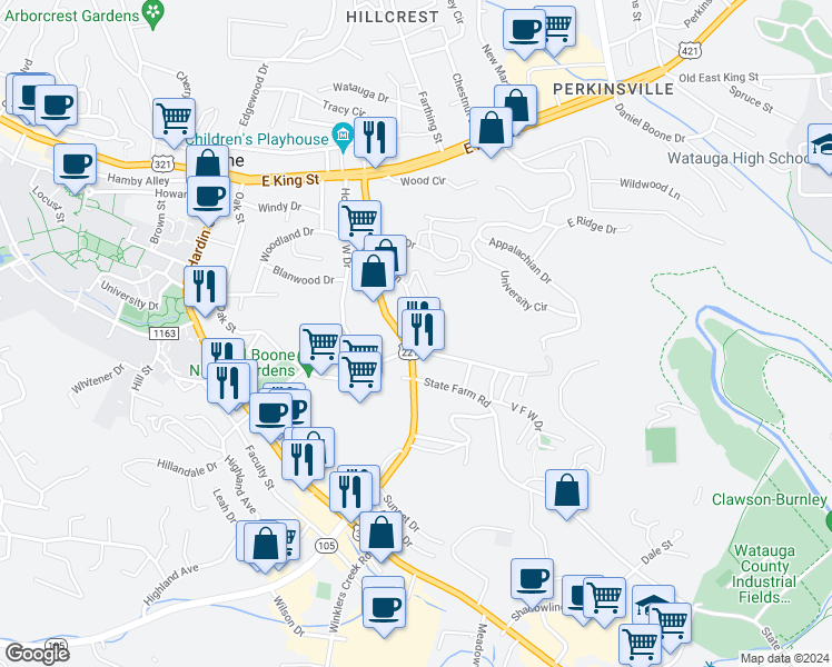 map of restaurants, bars, coffee shops, grocery stores, and more near 483 U.S. 221 in Boone