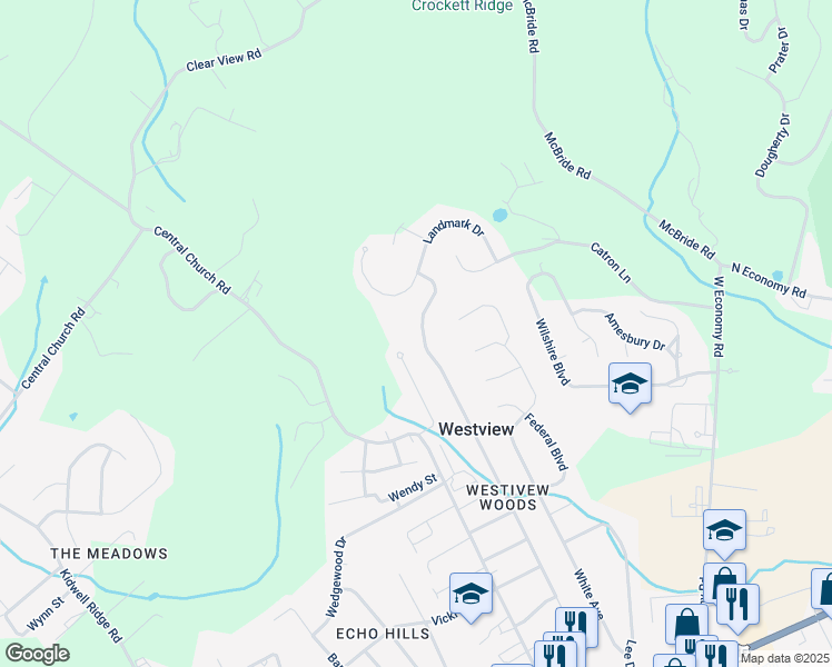 map of restaurants, bars, coffee shops, grocery stores, and more near 1027 Drinnon Drive in Morristown