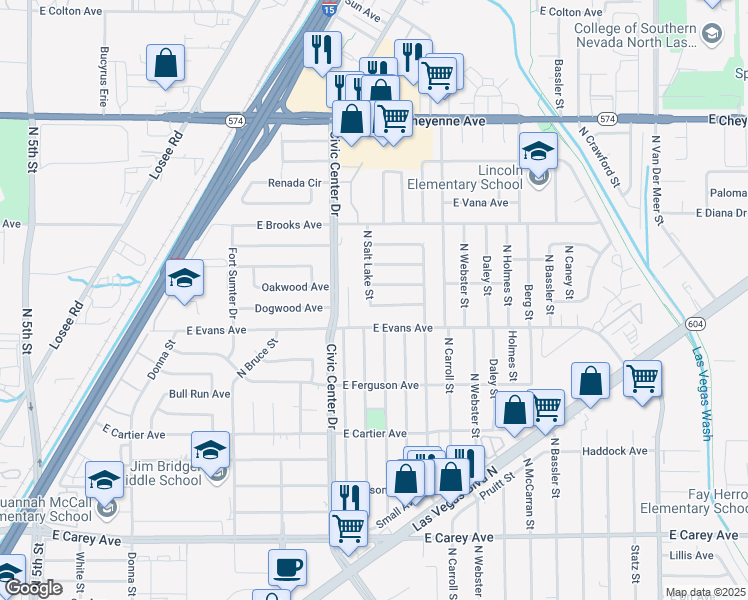 map of restaurants, bars, coffee shops, grocery stores, and more near 2100 Dogwood Avenue in North Las Vegas
