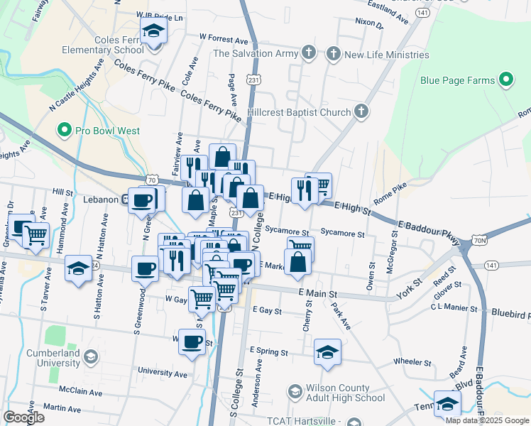 map of restaurants, bars, coffee shops, grocery stores, and more near 319 North College Street in Lebanon