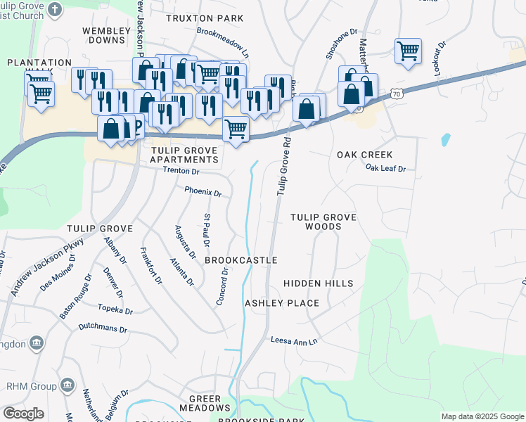 map of restaurants, bars, coffee shops, grocery stores, and more near 201 Brooke Castle Drive in Nashville