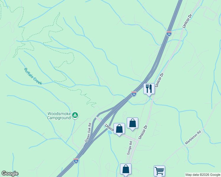 map of restaurants, bars, coffee shops, grocery stores, and more near 119 Powder Hollow Road in Unicoi