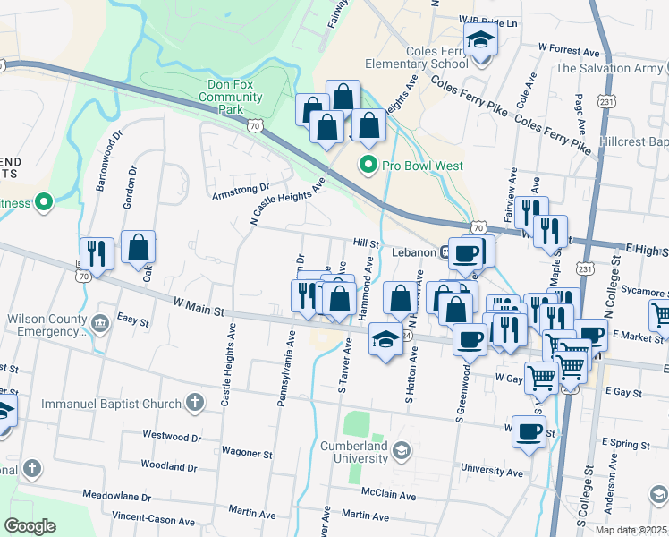map of restaurants, bars, coffee shops, grocery stores, and more near 128 North Tarver Avenue in Lebanon