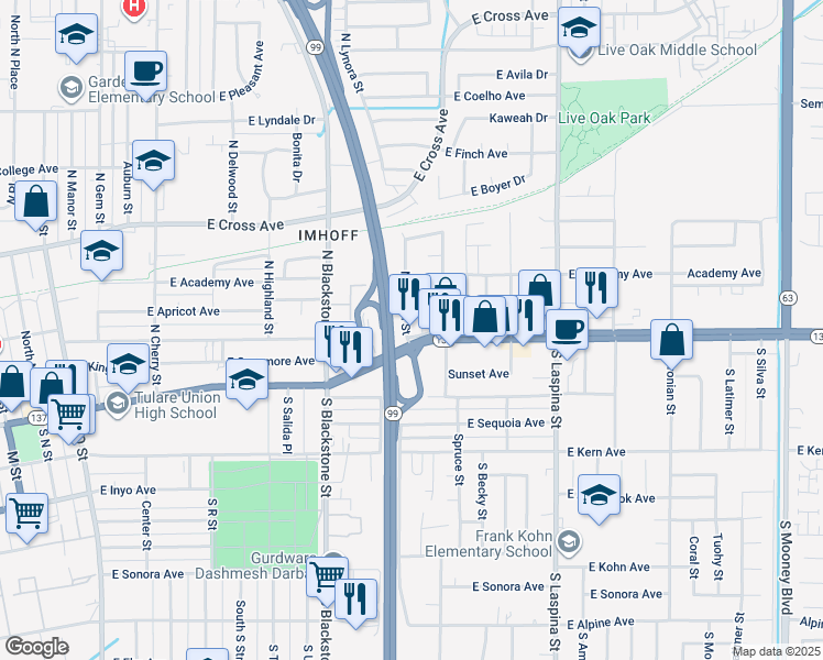 map of restaurants, bars, coffee shops, grocery stores, and more near 101-153 North Dayton Street in Tulare