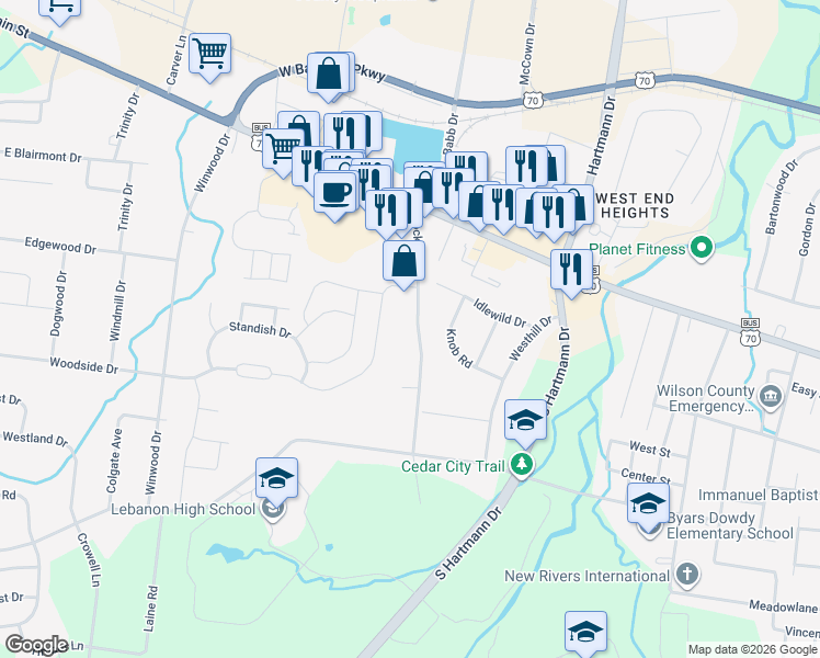 map of restaurants, bars, coffee shops, grocery stores, and more near 122 Rocky Road in Lebanon
