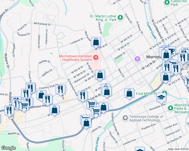 map of restaurants, bars, coffee shops, grocery stores, and more near 500 North High Street in Morristown