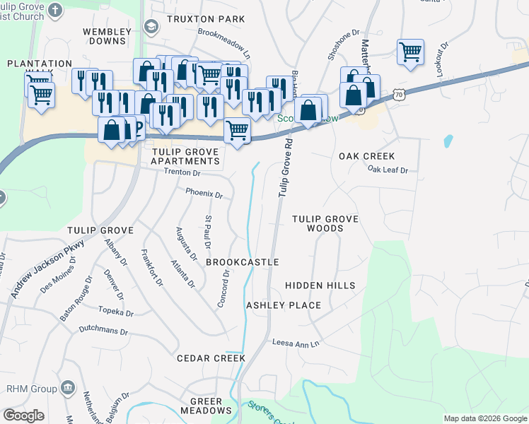 map of restaurants, bars, coffee shops, grocery stores, and more near 201 Brooke Castle Drive in Nashville