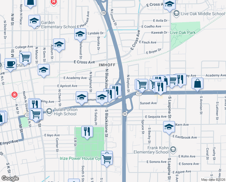 map of restaurants, bars, coffee shops, grocery stores, and more near 1146 E San Joaquin Ave in Tulare