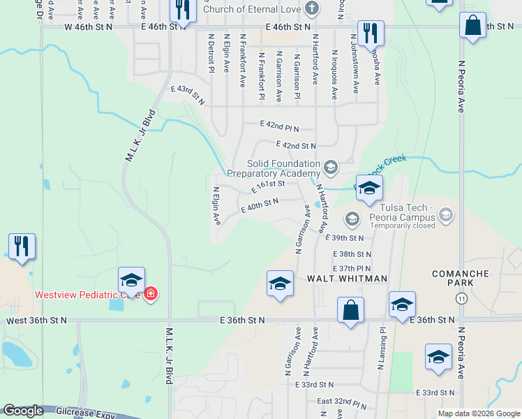 map of restaurants, bars, coffee shops, grocery stores, and more near 530 East 40th Street North in Tulsa