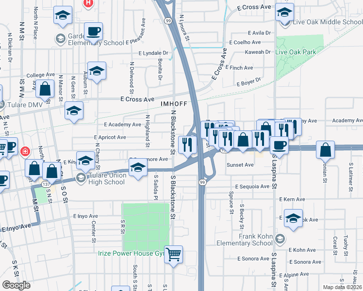 map of restaurants, bars, coffee shops, grocery stores, and more near 1146 East San Joaquin Avenue in Tulare