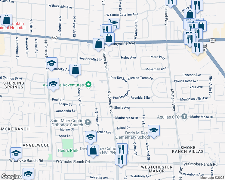 map of restaurants, bars, coffee shops, grocery stores, and more near 5905 Mendoza Court in Las Vegas