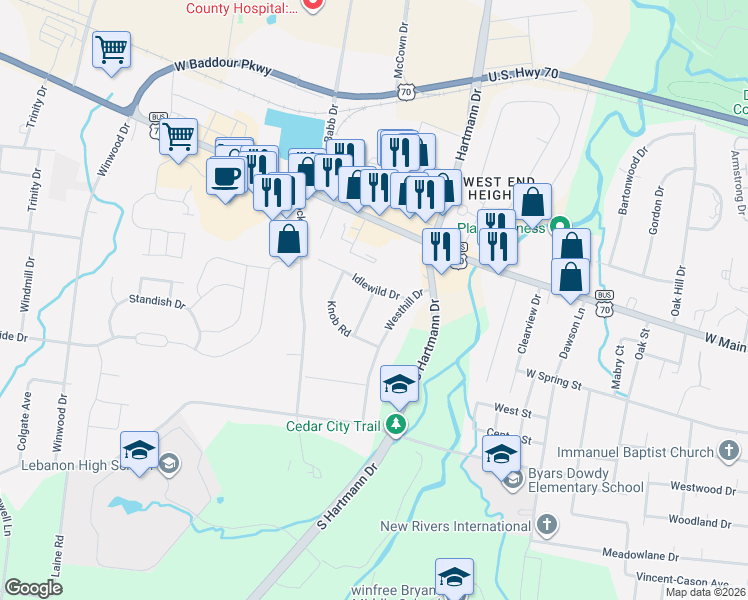 map of restaurants, bars, coffee shops, grocery stores, and more near 203 Linger Lane in Lebanon