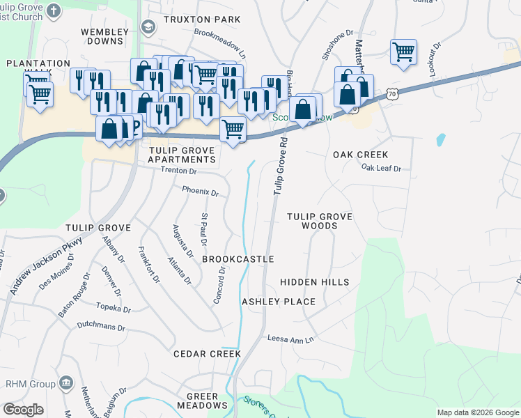 map of restaurants, bars, coffee shops, grocery stores, and more near 201 Brooke Castle Drive in Nashville