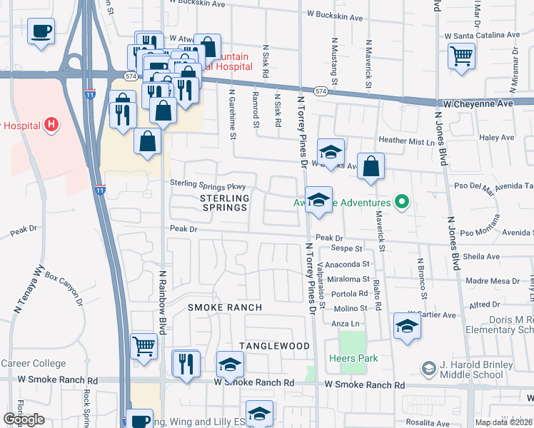 map of restaurants, bars, coffee shops, grocery stores, and more near 6437 Old Colonial Way in Las Vegas
