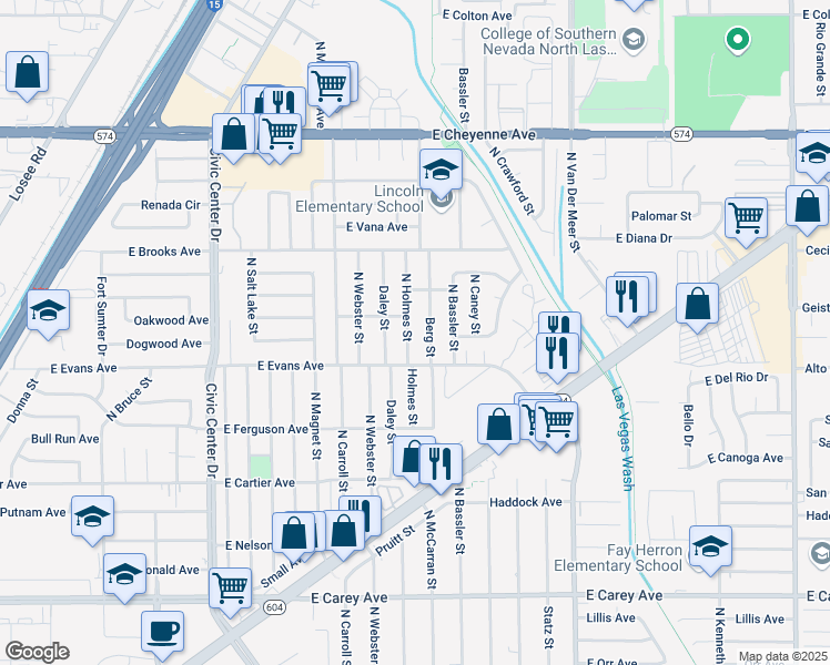 map of restaurants, bars, coffee shops, grocery stores, and more near 2820 Holmes Street in North Las Vegas
