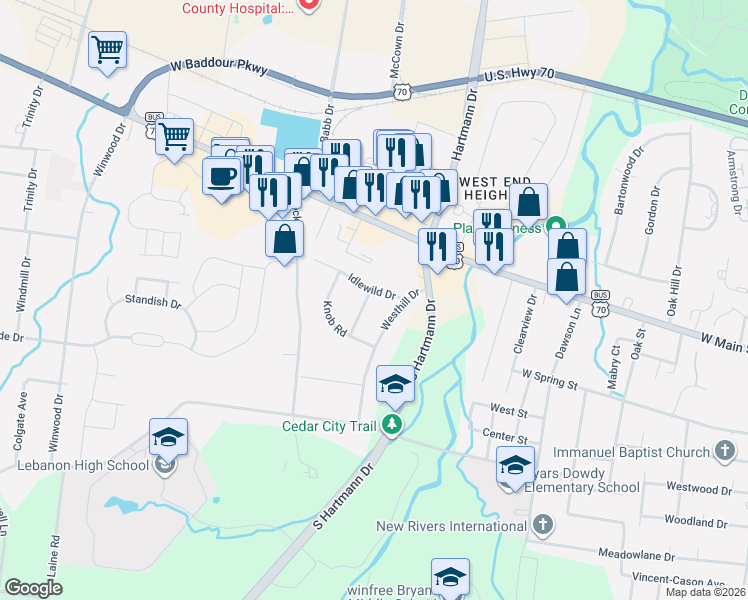 map of restaurants, bars, coffee shops, grocery stores, and more near 203 Linger Lane in Lebanon