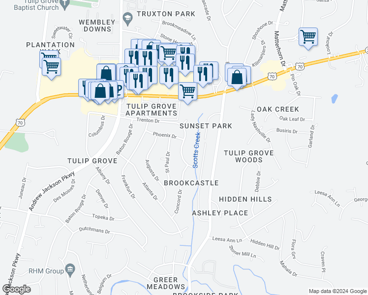 map of restaurants, bars, coffee shops, grocery stores, and more near 4770 Trenton Drive in Nashville