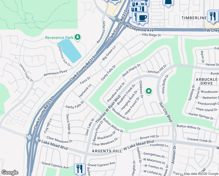 map of restaurants, bars, coffee shops, grocery stores, and more near 10700 Back Plains Drive in Las Vegas