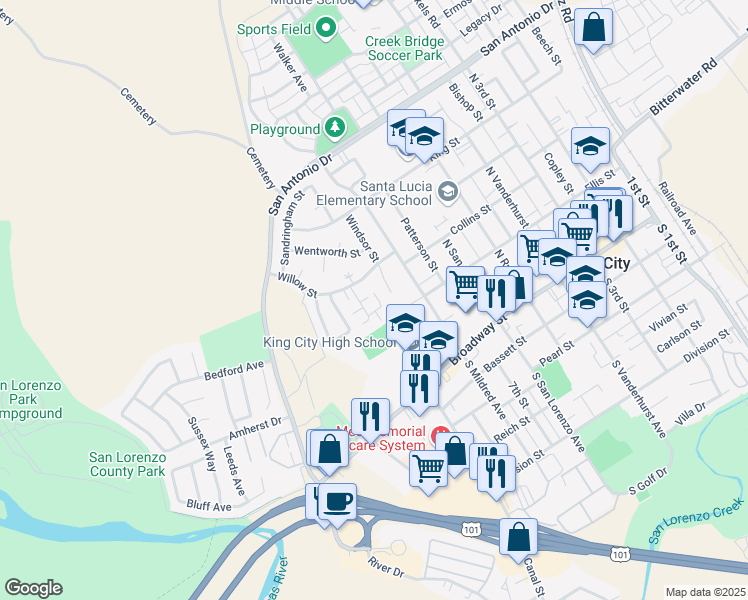 map of restaurants, bars, coffee shops, grocery stores, and more near 300 Mustang Court in King City