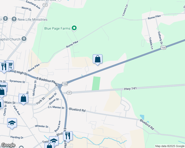 map of restaurants, bars, coffee shops, grocery stores, and more near 904 Carthage Highway in Lebanon