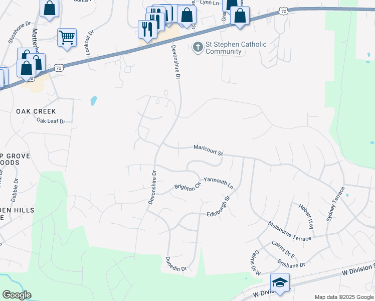 map of restaurants, bars, coffee shops, grocery stores, and more near 2114 Maricourt Street in Mt. Juliet