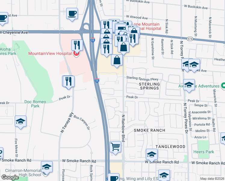 map of restaurants, bars, coffee shops, grocery stores, and more near 40 Villa Del Sol in Las Vegas