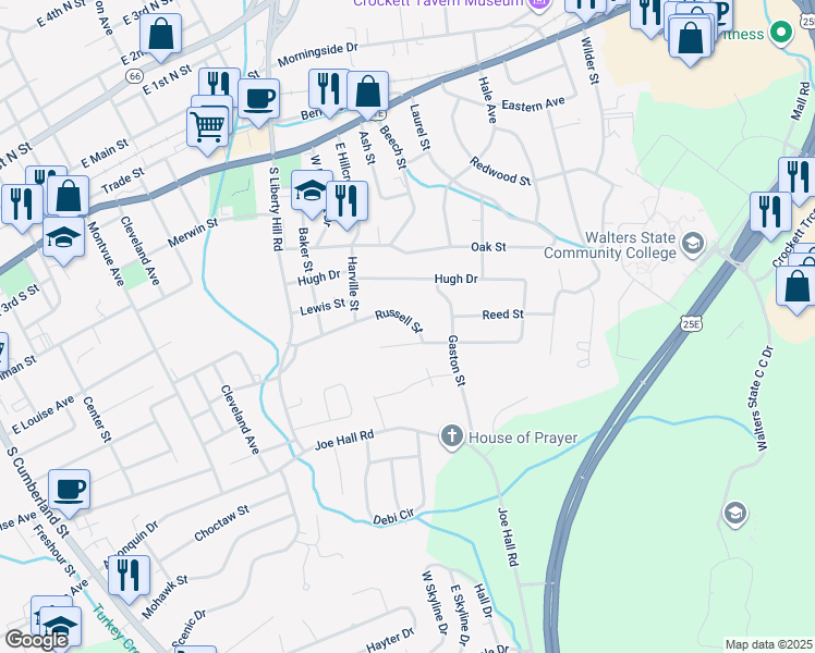 map of restaurants, bars, coffee shops, grocery stores, and more near 1444 Russell Street in Morristown