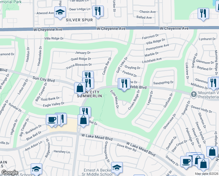 map of restaurants, bars, coffee shops, grocery stores, and more near 2749 Echo Mesa Drive in Las Vegas