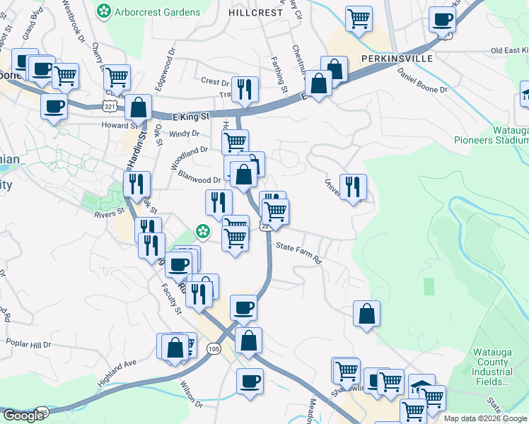 map of restaurants, bars, coffee shops, grocery stores, and more near 471 North Carolina 105 Extension in Boone