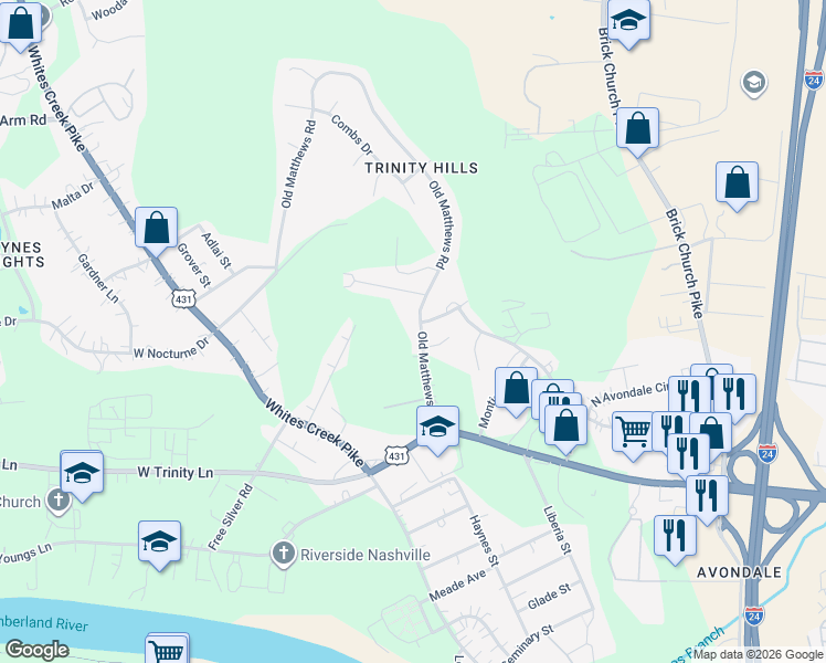 map of restaurants, bars, coffee shops, grocery stores, and more near 2408 Old Matthews Rd in Nashville