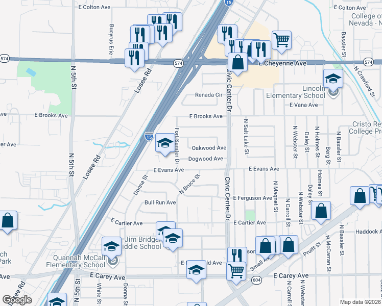 map of restaurants, bars, coffee shops, grocery stores, and more near in North Las Vegas