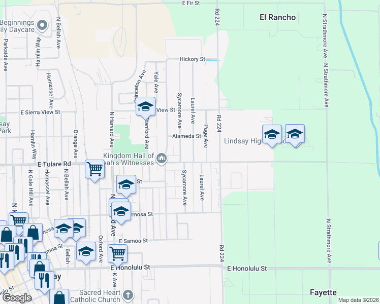 map of restaurants, bars, coffee shops, grocery stores, and more near 741 Laurel Avenue in Lindsay