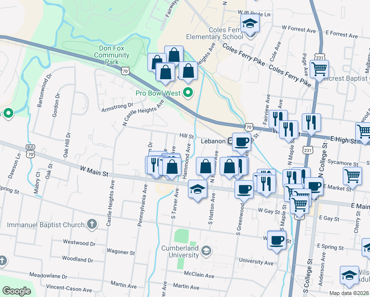 map of restaurants, bars, coffee shops, grocery stores, and more near 120 Hammond Avenue in Lebanon