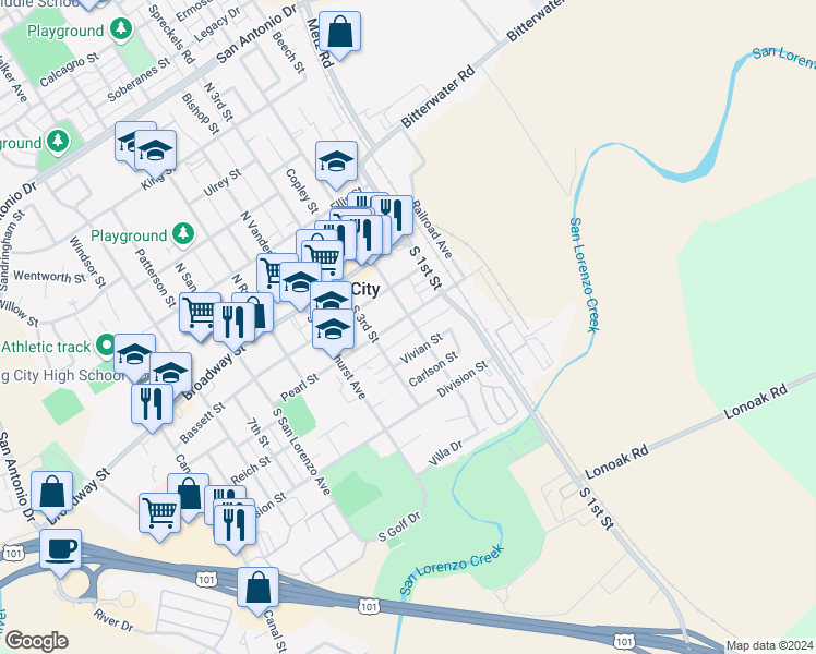 map of restaurants, bars, coffee shops, grocery stores, and more near 310 South 2nd Street in King City