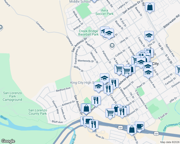 map of restaurants, bars, coffee shops, grocery stores, and more near 809 Willow Street in King City