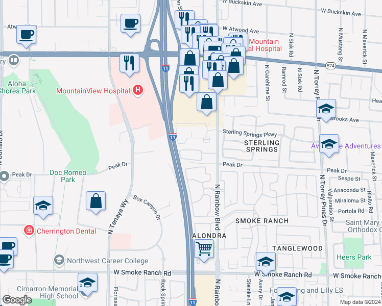 map of restaurants, bars, coffee shops, grocery stores, and more near 2801 North Rainbow Boulevard in Las Vegas