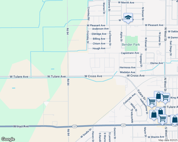 map of restaurants, bars, coffee shops, grocery stores, and more near 2300 West Tulare Avenue in Tulare