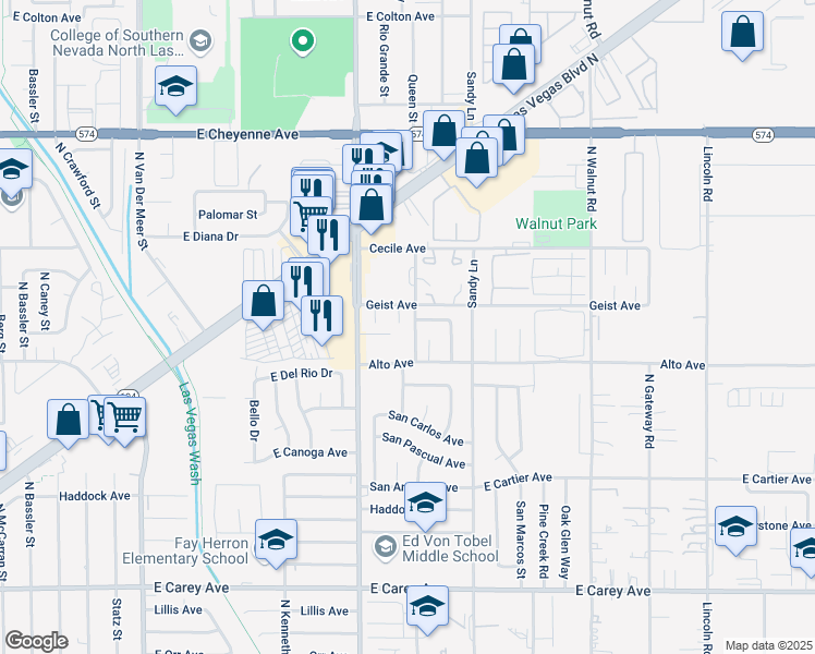 map of restaurants, bars, coffee shops, grocery stores, and more near 2820 Geist Court in Las Vegas