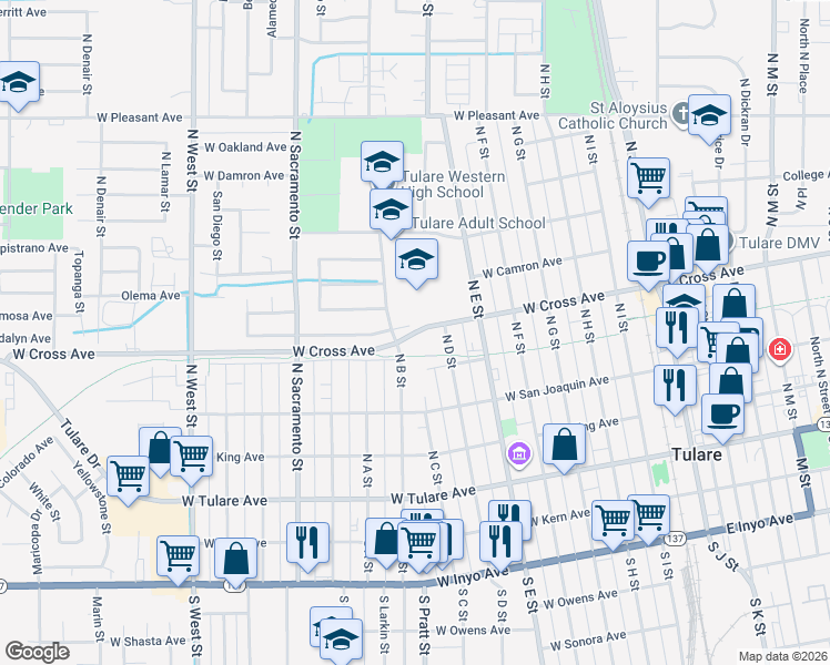 map of restaurants, bars, coffee shops, grocery stores, and more near 640 West Cross Avenue in Tulare