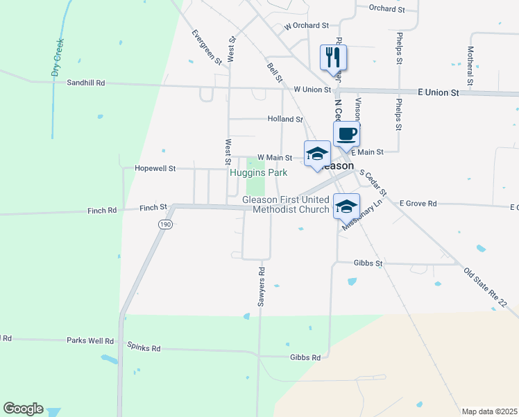 map of restaurants, bars, coffee shops, grocery stores, and more near College Street in Gleason