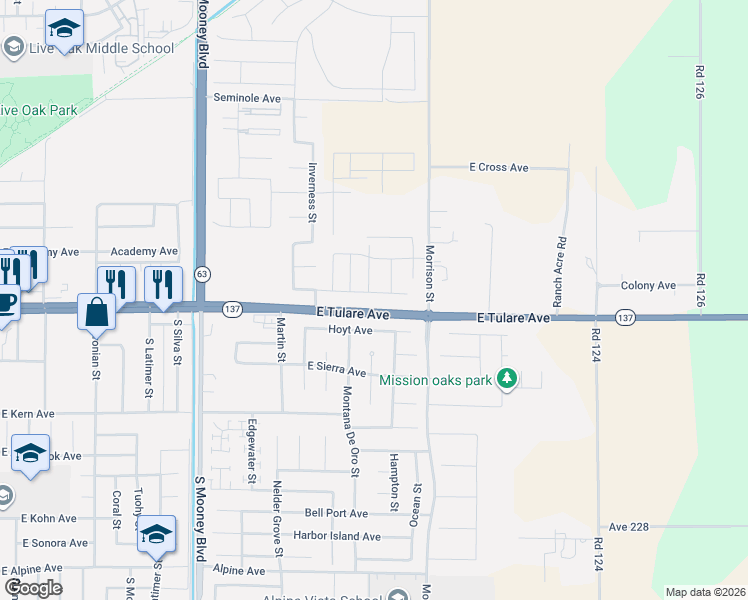 map of restaurants, bars, coffee shops, grocery stores, and more near 2898 East Tulare Avenue in Tulare