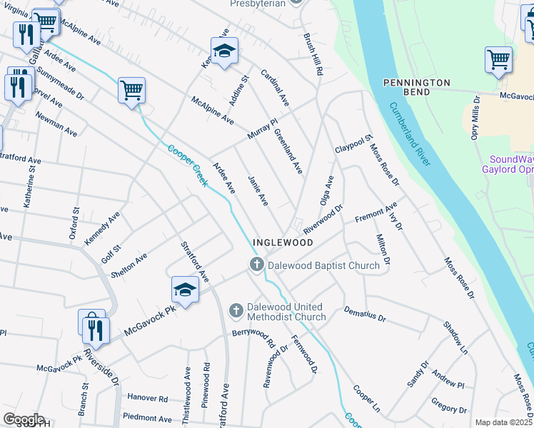 map of restaurants, bars, coffee shops, grocery stores, and more near 1450 Janie Avenue in Nashville
