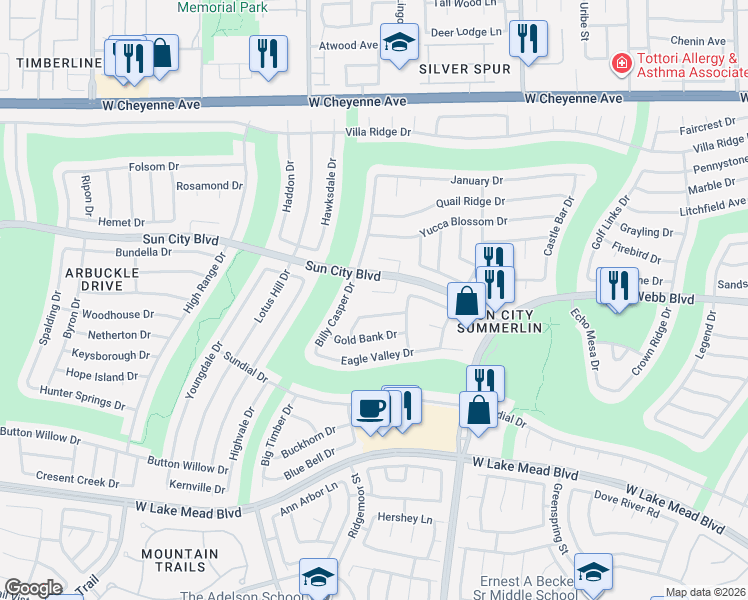 map of restaurants, bars, coffee shops, grocery stores, and more near 9517 Salem Hills Court in Las Vegas