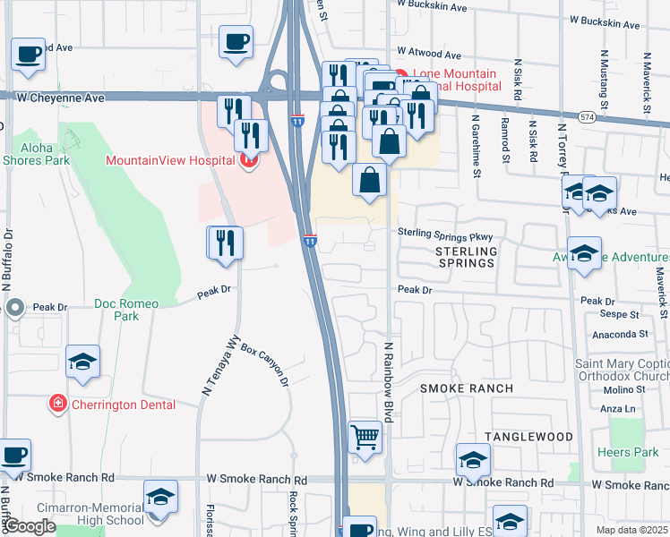 map of restaurants, bars, coffee shops, grocery stores, and more near 2801 North Rainbow Boulevard in Las Vegas