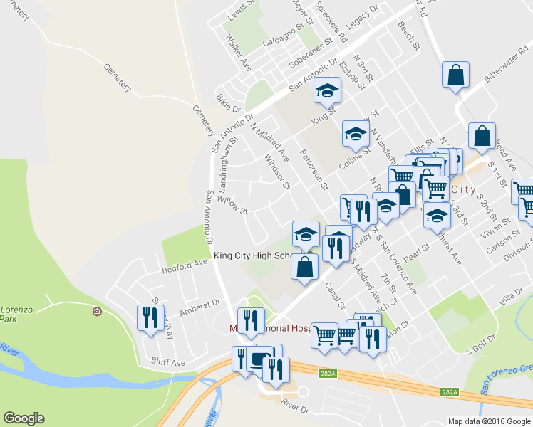 map of restaurants, bars, coffee shops, grocery stores, and more near 809 Willow Street in King City