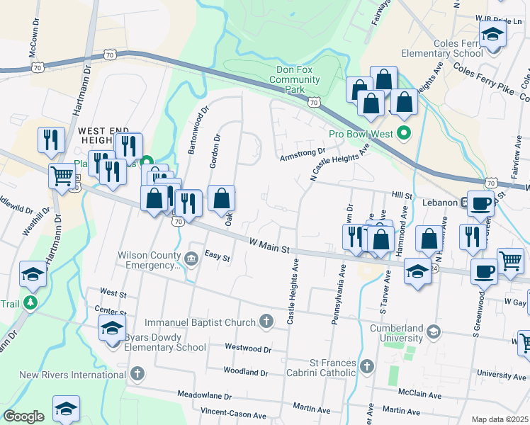 map of restaurants, bars, coffee shops, grocery stores, and more near 731 West Main Street in Lebanon