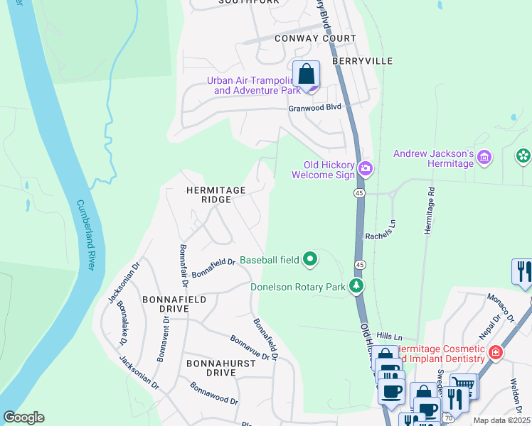 map of restaurants, bars, coffee shops, grocery stores, and more near 917 Oak Vale Drive in Nashville