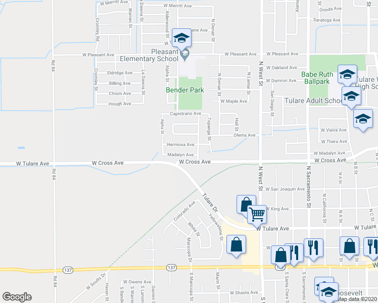 map of restaurants, bars, coffee shops, grocery stores, and more near 1736 Madalyn Avenue in Tulare